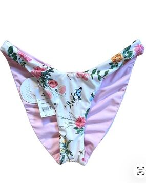 NWT PQ Swim Mari Reversible High Cut Ruched Bikini Bottom Floral/Pink Medium
